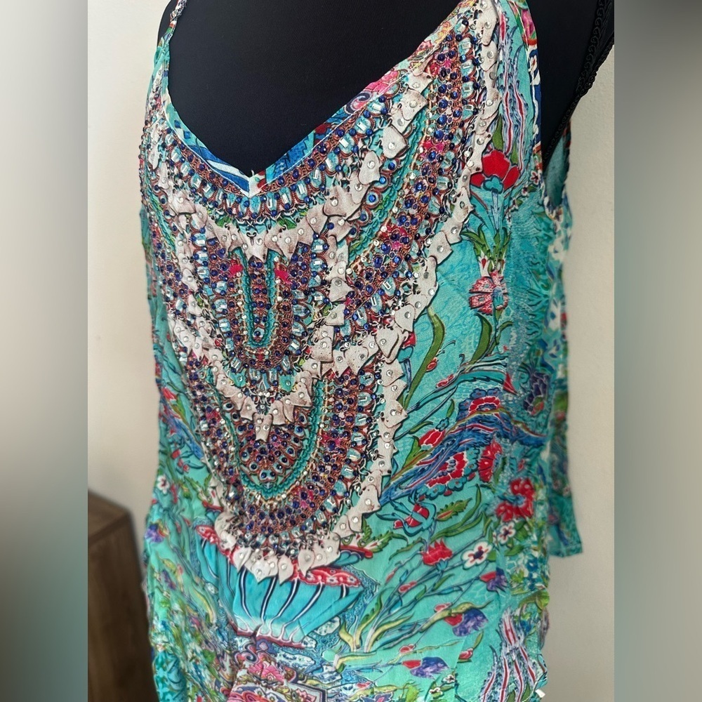 Printed silk BoHo vacation pant set beaded neckline blue floral paisley m/L - Picture 2 of 10